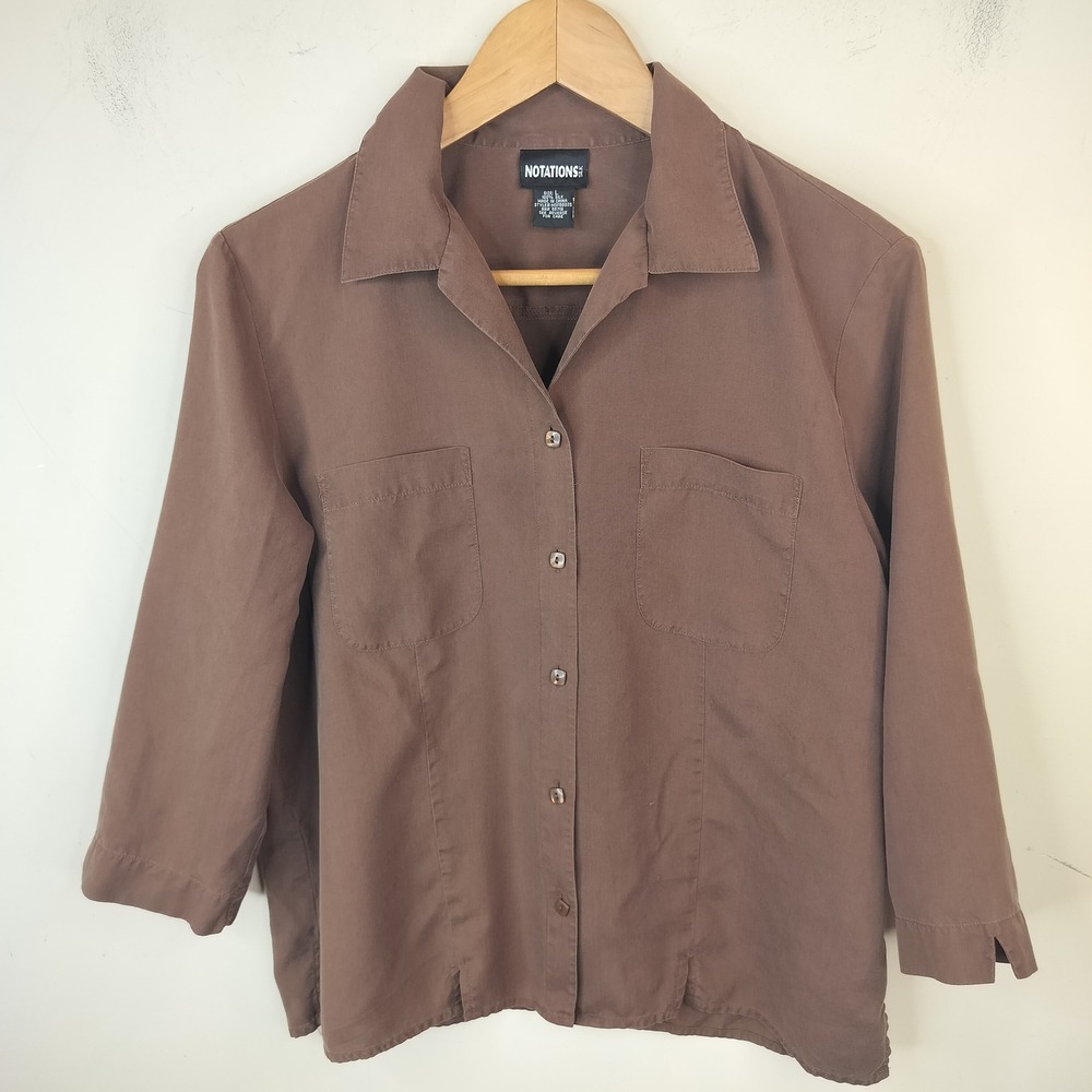Notations Silk Button Up Shirt Womens Large 3/4 Sleeve Classic Minimalist Brown
